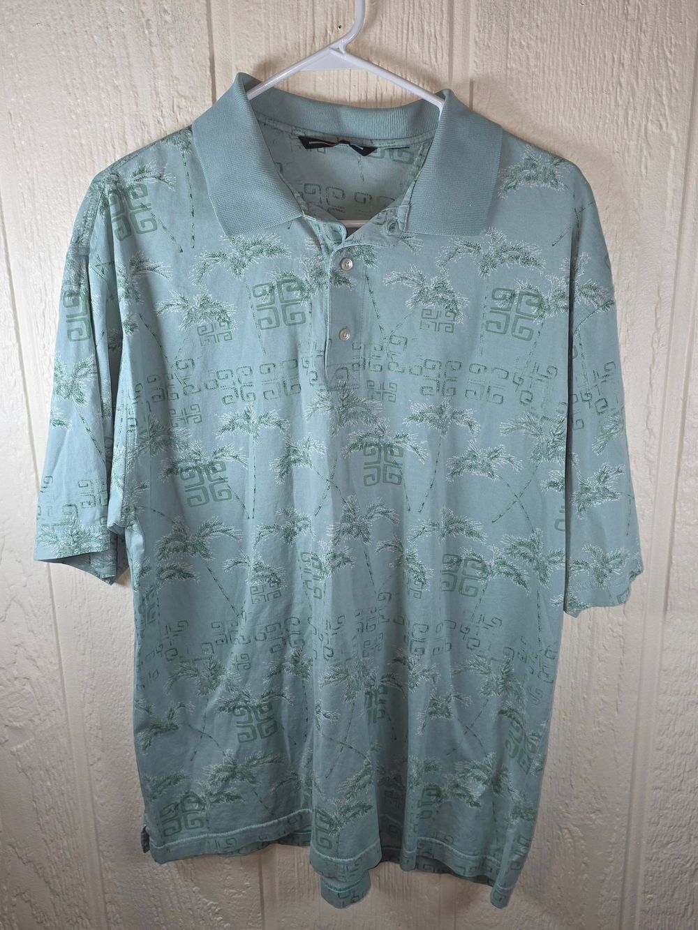 Greg Norman Collection Light Blue Palm-Print Polo, Size XL